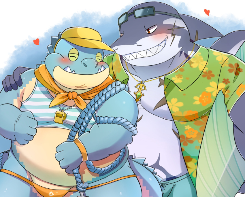 &lt;3 aloha_shirt anthro belly blue_body blue_scales blush clothing countershading crocodile crocodilian crocodylid duo embrace eyewear fin fish fupa green_eyes grin hi_res hug lifewonders makara male male/male marine overweight pattern_clothing pattern_shirt pattern_topwear reptile scales scalie scar shark shirt smile speedo sunglasses swimwear tokyo_afterschool_summoners topwear typhon video_games xiaonongbaopao1