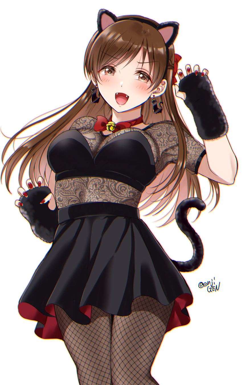 1girl absurdres animal_ears artist_name bangs bell black_dress black_gloves black_pantyhose bow_choker brown_eyes brown_hair cat_earrings cat_ears cat_tail choker claw_pose commentary cowboy_shot dress earrings fake_animal_ears fake_tail fangs fingerless_gloves fishnet_pantyhose fishnets gen_(enji) gloves hair_ribbon half-closed_eyes halloween halloween_costume highres idolmaster idolmaster_cinderella_girls jewelry jingle_bell long_hair looking_at_viewer neck_bell nitta_minami open_mouth pantyhose red_choker red_ribbon ribbon short_dress short_sleeves signature smile solo standing tail