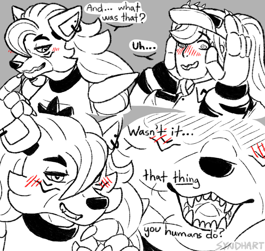animatronic anthro blush canid canine canis clothing collar dialogue duo ear_piercing ear_ring female female/female five_nights_at_freddy's five_nights_at_freddy's:_security_breach hat headgear headwear hi_res human machine mammal open_mouth piercing ring_piercing robot roxanne_wolf_(fnaf) scottgames size_difference syndhart teasing teeth vanessa_(fnaf) video_games wolf