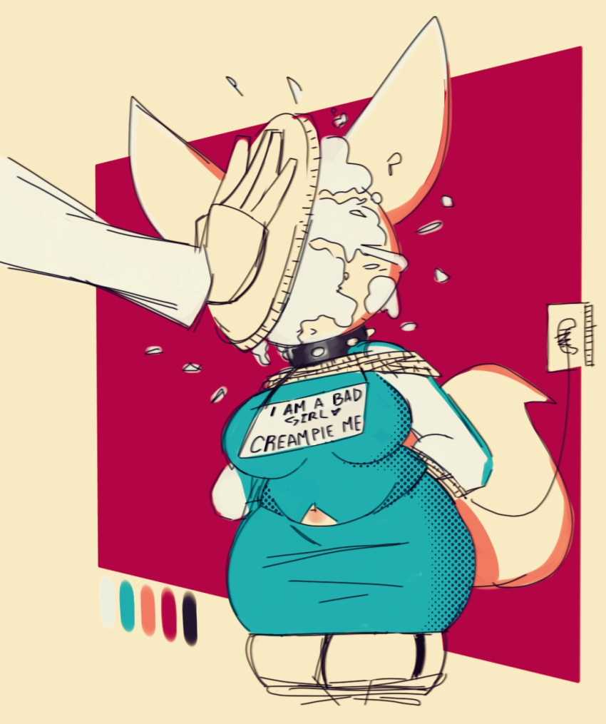 5_fingers aggressive_retsuko anthro arms_tied bdsm big_breasts blue_bottomwear blue_clothing blue_skirt blue_topwear blue_vest bondage bottomwear bound breasts canid canine clothed clothing collar curvy_figure custard_(food) custard_pie dessert english_text female fennec fenneko fingers fluffy fluffy_tail food fox fully_clothed fur hands_behind_back hi_res humor long_sleeve_shirt long_sleeves mammal navel ocon office_clothing offscreen_character pencil_skirt pie pie_in_face pudding restraints rope rope_bondage sanrio shirt short_stack sign simple_background skirt slightly_chubby solo solo_focus spiked_collar spikes studded_collar text topwear vest white_clothing white_shirt white_topwear wide_hips yellow_body yellow_fur