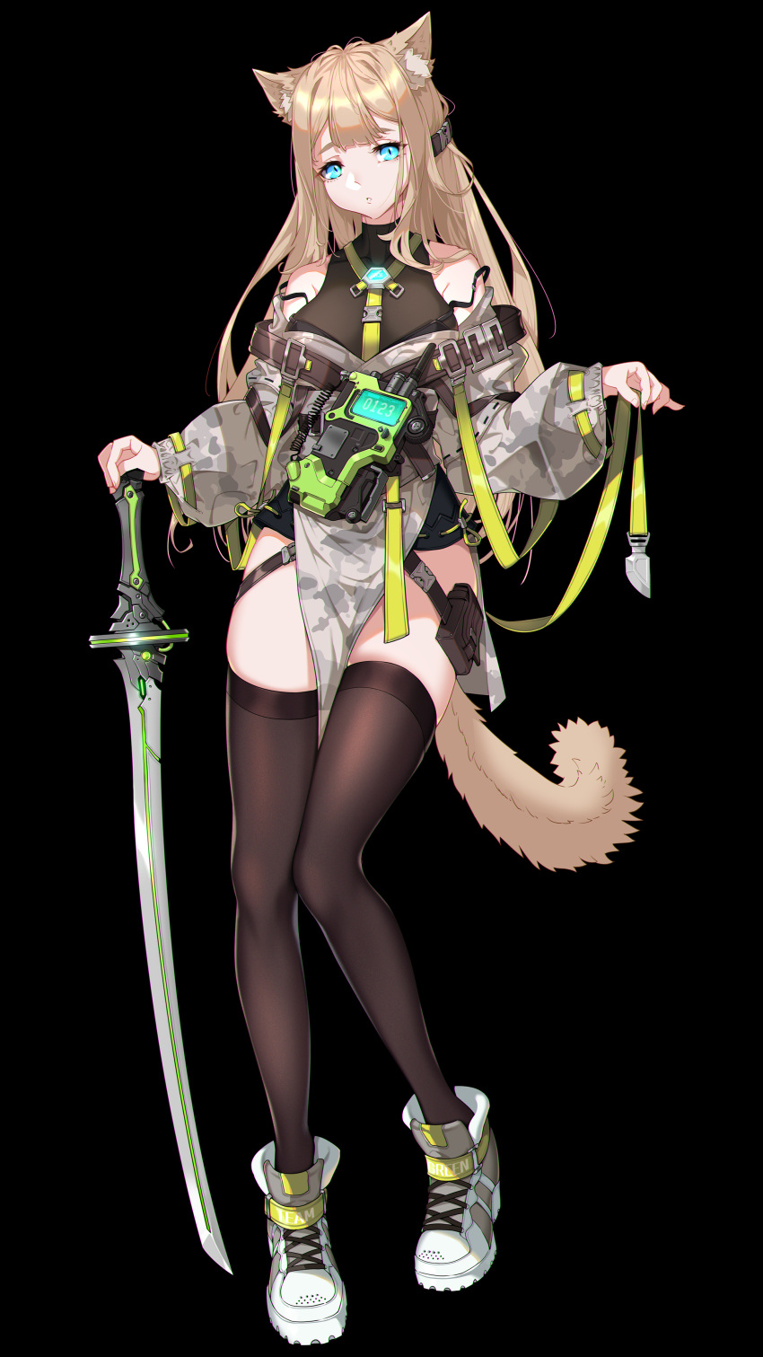 1girl absurdres animal_ear_fluff animal_ears bangs bare_shoulders black_background black_thighhighs blue_eyes breasts brown_hair camouflage camouflage_jacket cat_ears cat_girl cat_tail choudan full_body grey_footwear grey_jacket gun highres holding holding_sword holding_weapon jacket long_hair long_sleeves looking_at_viewer medium_breasts off_shoulder original parted_lips shoes simple_background sneakers solo standing sword tail thigh_pouch thigh_strap thighhighs very_long_hair weapon