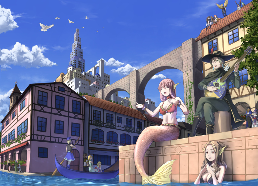 6+boys 6+girls ater9 bard bikini bird black_bikini black_hair blonde_hair blue_sky brown_hair building canal closed_eyes commentary_request day fantasy green_hair hat head_fins highres holding holding_oar instrument long_hair lute_(instrument) mermaid monster_girl multiple_boys multiple_girls music navel oar orange_hair original outdoors partially_submerged pink_hair playing_instrument red_bikini revision rowboat scenery short_hair singing sitting sky standing swimsuit town tree water wings