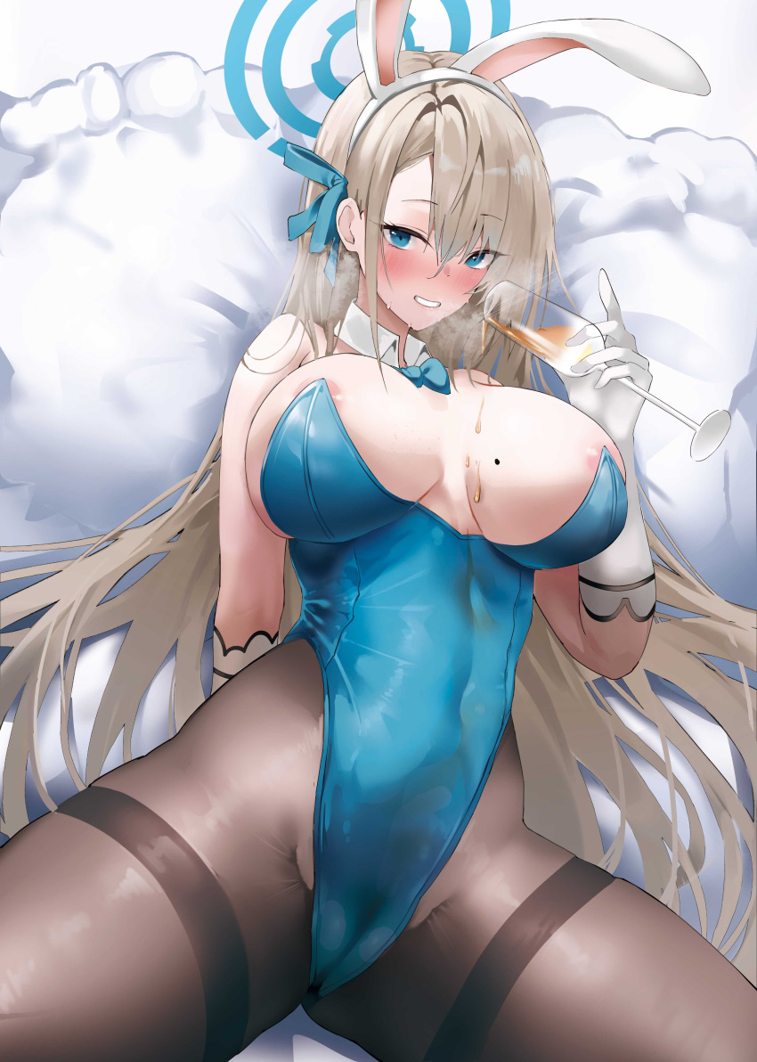 1girl absurdly_long_hair absurdres animal_ears asuna_(blue_archive) asuna_(bunny)_(blue_archive) bangs blue_archive blue_bow blue_bowtie blue_eyes blue_leotard bow bowtie breasts cameltoe cup detached_collar drinking_glass fake_animal_ears gloves hair_over_one_eye halo highleg highleg_leotard highres holding holding_cup large_breasts leotard light_brown_hair long_hair lying mole mole_on_breast nevin_(flyskying) official_alternate_costume pantyhose playboy_bunny rabbit_ears strapless strapless_leotard swept_bangs thighband_pantyhose traditional_bowtie very_long_hair white_gloves