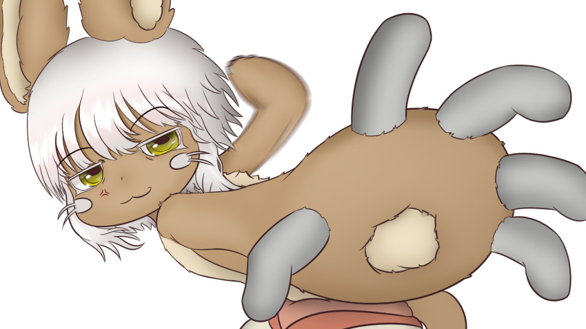 1other :3 androgynous anger_vein animal_ears closed_mouth furry grey_hair highres horizontal_pupils incoming_attack incoming_punch looking_at_viewer made_in_abyss meme motion_blur nanachi_(made_in_abyss) other_focus pepe_punch_(meme) punching short_hair simple_background smile smugbuns solo topless upper_body whiskers white_background yellow_eyes