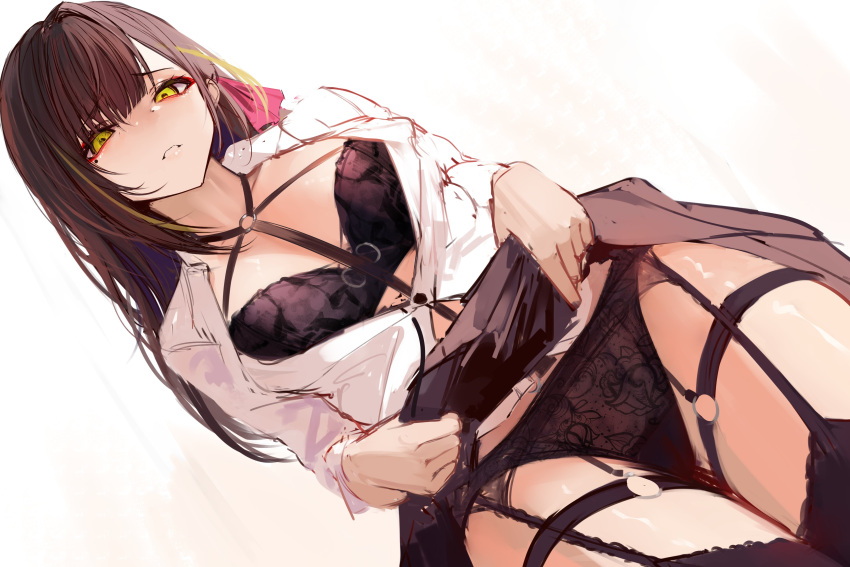 1girl absurdres black_bra black_panties black_skirt bra breasts brown_hair clothes_lift dutch_angle english_commentary exhibitionism garter_belt garter_straps green_eyes highres lace-trimmed_bra lace-trimmed_panties lace_trim looking_at_viewer naokomama open_clothes original panties public_indecency sketch skirt skirt_lift solo underwear white_background