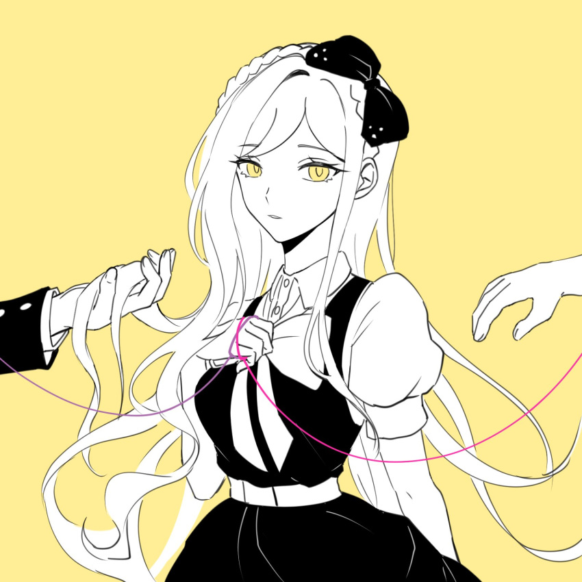 1girl bangs belt bow bowtie braid collared_shirt commentary_request cowboy_shot danganronpa_(series) danganronpa_2:_goodbye_despair dress dress_shirt dudeoji_(dotheg_ansoni) hair_bow hand_up highres holding holding_ribbon long_hair looking_at_viewer parted_lips pink_ribbon puffy_short_sleeves puffy_sleeves ribbon shirt short_sleeves simple_background solo_focus sonia_nevermind spot_color teeth yellow_background yellow_eyes