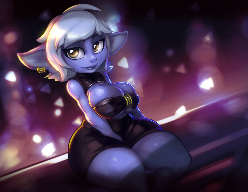 big_breasts big_ears blue_body breasts cleavage clothed clothing dress ear_piercing female hair hi_res huge_hips huge_thighs humanoid humanoid_pointy_ears league_of_legends piercing riot_games short_stack skimpy_dress slightly_chubby solo thick_thighs tristana_(lol) video_games wabutt white_hair wide_hips yordle