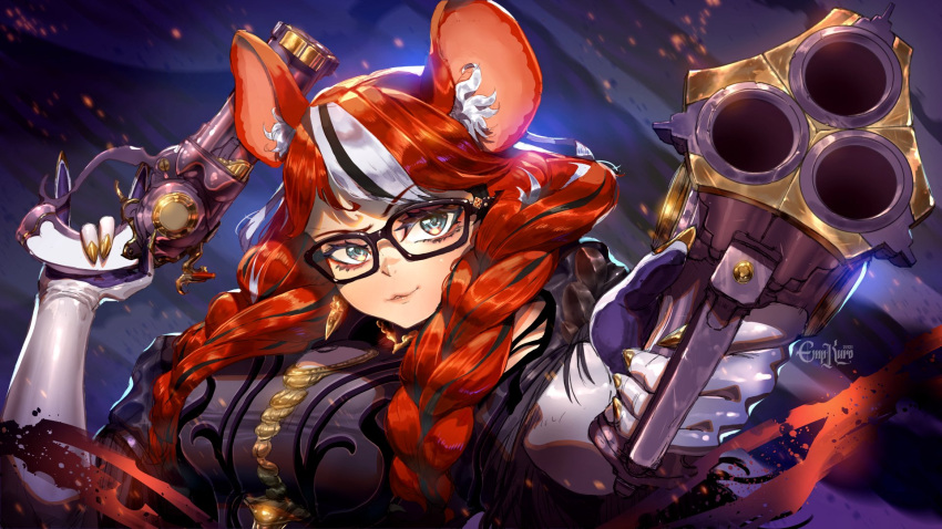 animal_ears bayonetta bayonetta_(cosplay) bayonetta_(series) bayonetta_3 black_hair bodysuit braid cosplay dual_wielding earrings empikuro glasses gloves green_eyes gun hakos_baelz highres holding holding_gun holding_weapon hololive hololive_english jewelry mouse_ears multicolored_hair red_hair streaked_hair twin_braids virtual_youtuber weapon white_gloves white_hair