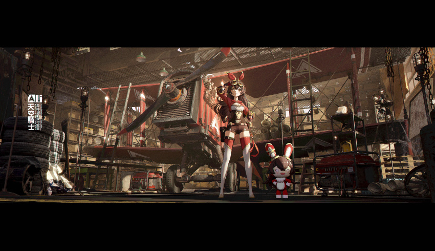 1girl absurdres aircraft airplane amber_(genshin_impact) arm_up artist_name bangs baron_bunny_(genshin_impact) bilingual biplane boots breasts brown_corset brown_eyes brown_hair brown_shorts chain chinese_commentary chinese_text closed_mouth commentary_request corset crate cropped_jacket english_text full_body generator genshin_impact gloves goggles goggles_on_head hair_between_eyes hair_ribbon hand_on_hip highres indoors jacket ladder letterboxed long_hair long_sleeves looking_ahead qi==qi red_jacket red_ribbon red_thighhighs ribbon scenery shelf short_shorts shorts sidelocks solo standing thigh_boots thigh_pouch thighhighs thighhighs_under_boots tire wheel white_footwear