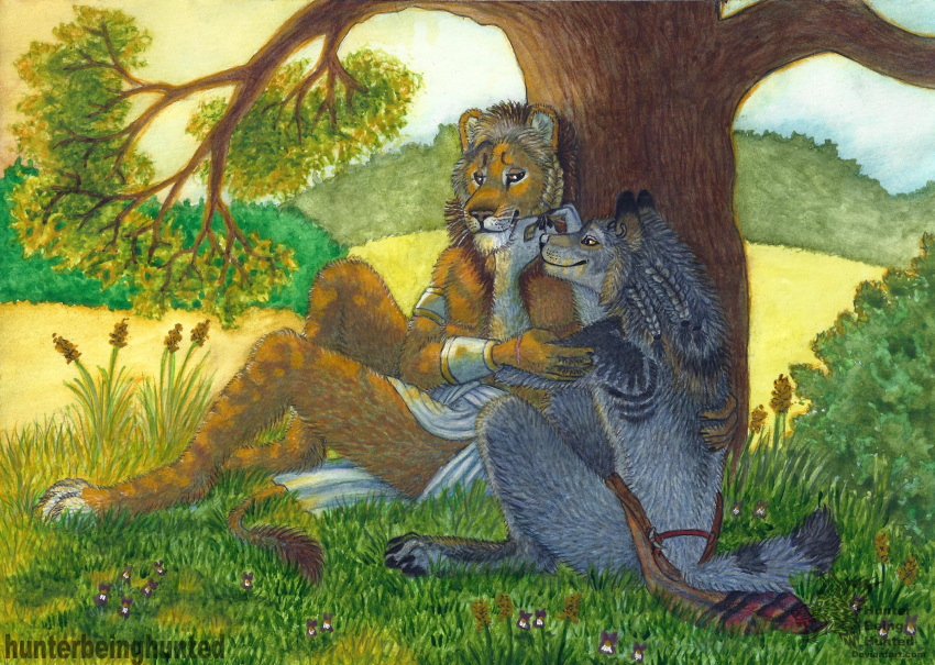 anthro brown_body brown_fur by-nc-nd canid canine canis claws clothed clothing corvin_(hunterbeinghunted) creative_commons duo felid fur graphite_(artwork) grass hi_res hunterbeinghunted interspecies lion male male/male mammal mane painting_(artwork) pantherine pencil_(artwork) plant romantic romantic_couple scar smile traditional_media_(artwork) tree varius_(hunterbeinghunted) watercolor_(artwork) whiskers wolf