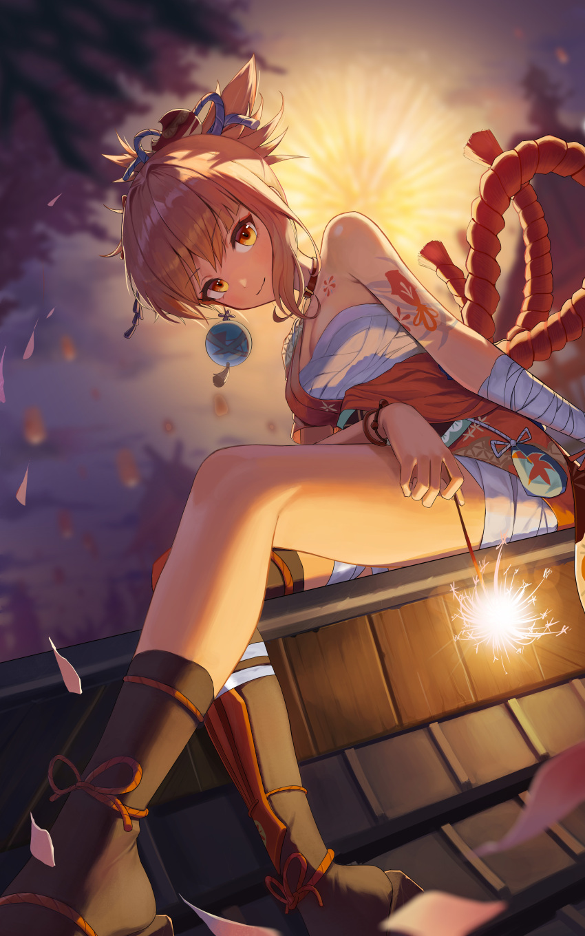 1girl 2022 absurdres arm_on_thigh arm_tattoo blonde_hair boots cherry_blossoms chest_sarashi closed_mouth falling_petals fireworks fogeun genshin_impact high_ponytail highres holding_fireworks jewelry looking_at_viewer midriff_sarashi necklace on_roof outdoors petals rope sarashi shimenawa sitting smile solo sparkler tattoo tile_roof tree yoimiya_(genshin_impact)
