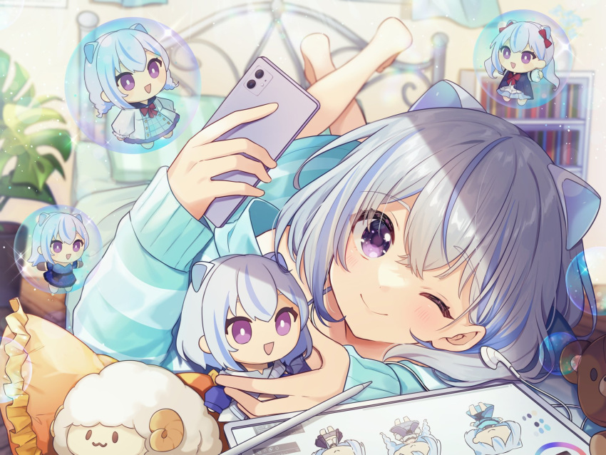 1girl barefoot blue_hair blush bubble cellphone character_doll earphones grey_hair highres holding holding_phone iriam long_sleeves looking_at_viewer lying miria_(iriam) multicolored_hair on_bed on_stomach one_eye_closed phone purple_eyes selfie shirase_(shirose) short_hair smartphone smile solo streaked_hair stuffed_animal stuffed_sheep stuffed_toy stylus tablet_pc teddy_bear virtual_youtuber