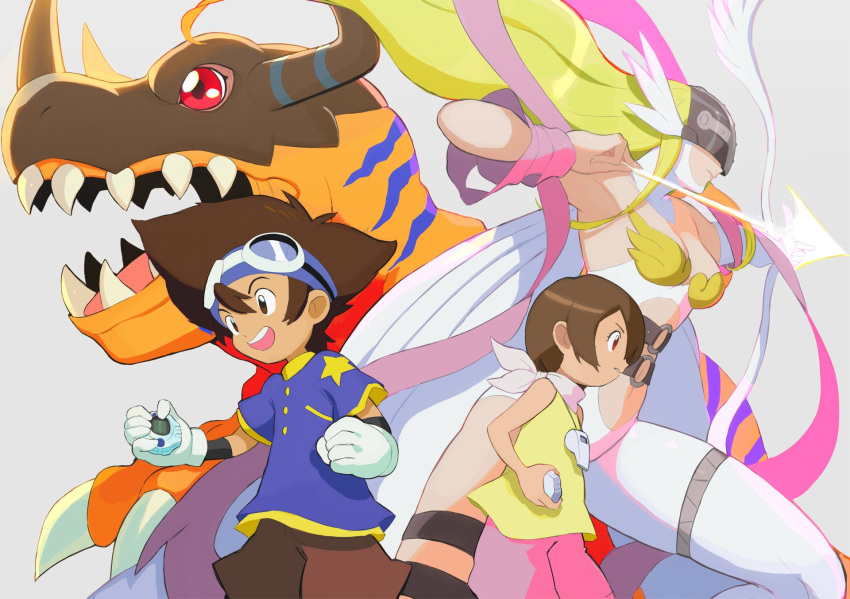 1boy 2girls :d angel_wings angewomon asymmetrical_clothes bangs bare_arms bare_shoulders blonde_hair breasts brother_and_sister brown_hair claws commentary covered_eyes digimon digimon_(creature) digimon_adventure feathered_wings from_side gloves goggles goggles_on_head grey_background greymon head_wings helmet highres horns large_breasts long_hair multiple_girls multiple_wings navel o-ring open_mouth parted_lips rae_(hexedwithluck) scarf sharp_teeth shawl shiny shiny_hair short_hair siblings simple_background smile symbol-only_commentary teeth thigh_strap upper_teeth white_scarf winged_helmet wings yagami_hikari yagami_taichi