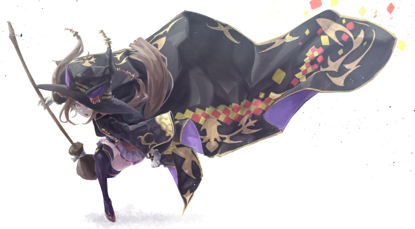 1girl absurdres animal_ears black_headwear black_robe black_thighhighs broom brown_hair commentary confetti full_body gloves gold_trim hasukurira hat highres holding holding_broom horse_girl horse_tail long_hair looking_at_viewer miniskirt purple_eyes purple_robe robe shadow sidelocks skirt solo sweep_tosho_(umamusume) tail thighhighs trimmed_tail twintails two-sided_fabric umamusume white_background white_gloves white_skirt witch_hat zettai_ryouiki