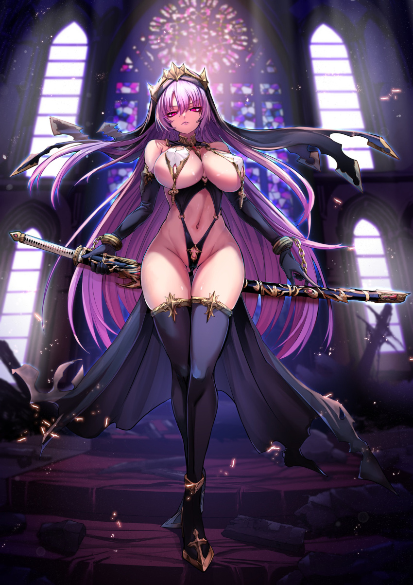 1girl absurdres ass_visible_through_thighs bangs bare_shoulders black_gloves black_headwear black_leotard black_thighhighs breasts check_commentary closed_mouth commentary_request commission elbow_gloves full_body gloves hair_between_eyes highres holding holding_sword holding_weapon large_breasts leotard long_hair looking_at_viewer navel original pink_hair purple_eyes sideboob skeb_commission standing sword thighhighs weapon wisespeak