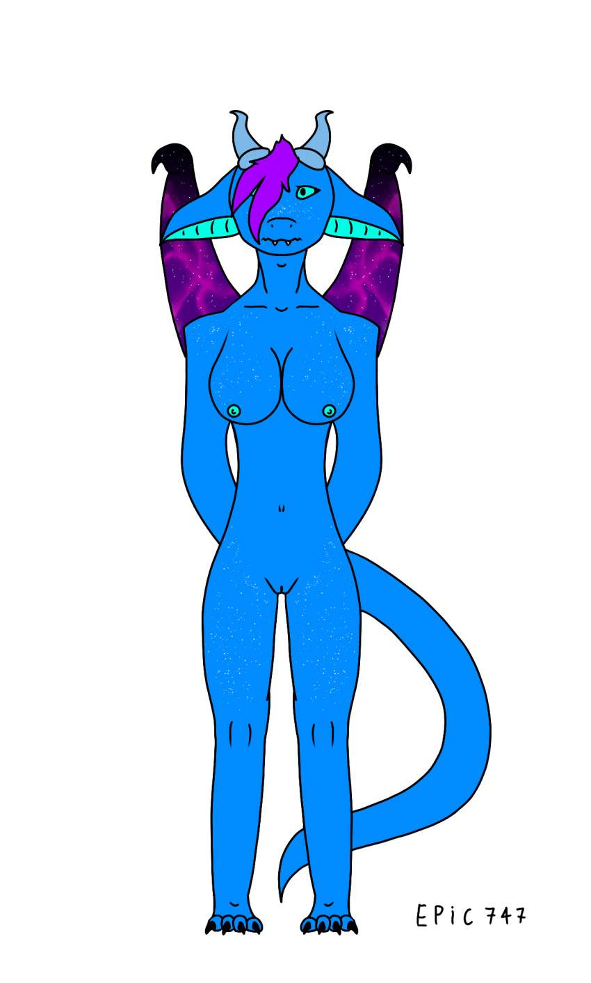 anthro blue_body blue_tail breasts dragon epic747 female genitals hi_res horn nova-b purple_wings pussy solo teal_eyes wings