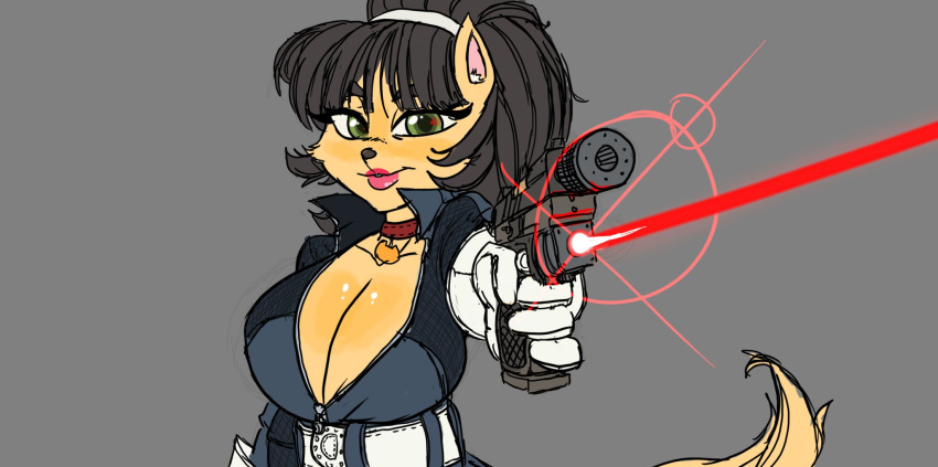 anthro big_breasts breasts cleavage clothed clothing collar_tag colored domestic_cat felid feline felis female glare_(lighting) gun half-length_portrait handgun hi_res kitty_katswell laser_sight looking_at_viewer mammal nickelodeon pistol pointing_gun_at_viewer portrait ranged_weapon seanmalikdesigns solo t.u.f.f._puppy weapon