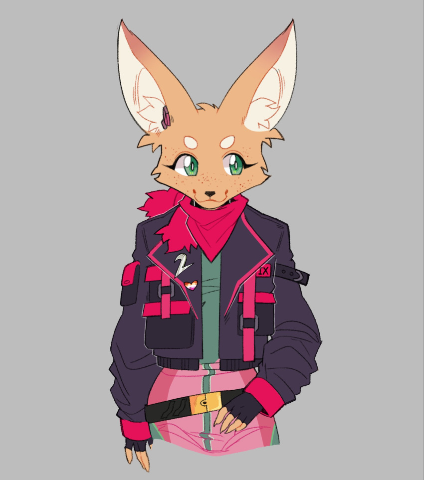 &lt;3 anthro bandanna belt canid canine clothed clothing earpiece fara_phoenix female fennec fingerless_gloves flight_jacket fox freckles gloves green_eyes handwear hi_res iglioatelle inner_ear_fluff kerchief lesbian_pride_colors lgbt_pride looking_aside mammal nintendo pride_colors smile solo star_fox tuft video_games