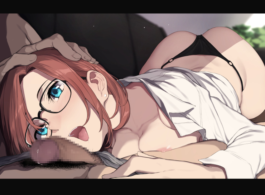 1boy 1girl ass black_panties black_thighhighs blue_eyes blush breast_press breasts brown_hair collared_shirt dress_shirt earrings erection face_in_crotch grey_male_underwear hand_on_another's_head hetero highres indoors jewelry long_sleeves lying male_pubic_hair male_underwear male_underwear_pull medium_breasts nagioka nipples no_bra no_pants on_back open_clothes open_mouth open_shirt original panties penis pov precum pubic_hair shirt solo_focus thighhighs tongue tongue_out underwear white_shirt