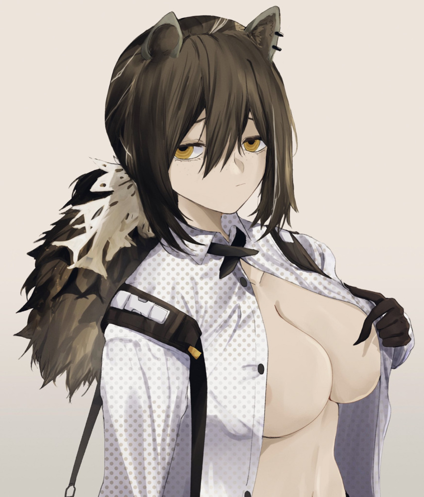 animal_ears areola_slip arknights black_gloves breasts brown_hair cleavage closed_mouth empty_eyes gloves grey_background highres kyousuzu large_breasts long_hair long_sleeves looking_at_viewer low_ponytail naked_shirt no_bra polka_dot polka_dot_shirt ponytail ringed_eyes robin_(arknights) shirt simple_background undressing upper_body white_shirt yellow_eyes