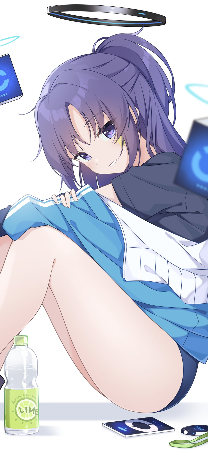 1girl absurdres ass blue_archive blush bottle buruma cellphone drone halo highres jacket jacket_partially_removed knees_up looking_at_viewer looking_to_the_side phone ponytail purple_eyes purple_hair simple_background smile solo star_sticker sticker_on_face taiyaki_(astre) track_jacket water_bottle white_background yuuka_(blue_archive) yuuka_(gym_uniform)_(blue_archive)