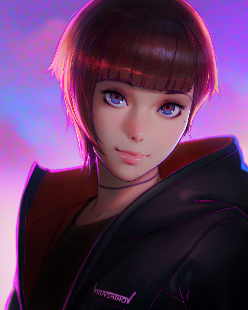 1girl absurdres artist_name bangs black_choker black_jacket black_shirt blue_eyes blunt_bangs brown_hair choker closed_mouth gradient gradient_background highres ilya_kuvshinov jacket lips looking_at_viewer mole mole_under_eye open_clothes open_jacket original purple_background shirt short_hair smile solo upper_body