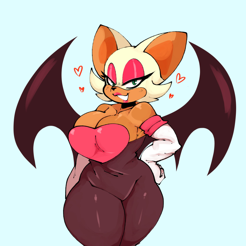 &lt;3 absurd_res anthro armwear bat_wings big_breasts big_ears breasts brown_body chiropteran clothing elbow_gloves female gloves hand_on_hip handwear hi_res looking_at_viewer mammal membrane_(anatomy) membranous_wings monkelad rouge_the_bat rubber rubber_clothing rubber_suit sega simple_background smile smug solo sonic_the_hedgehog_(series) standing white_body wings