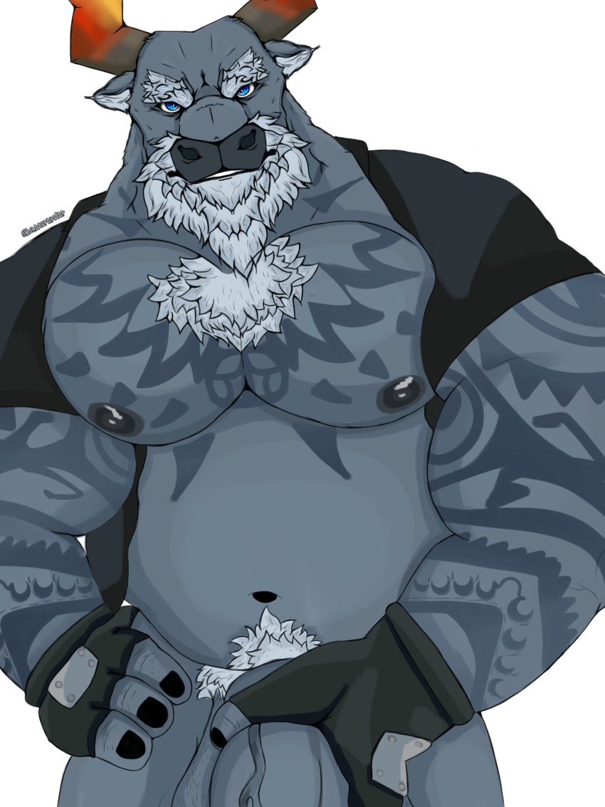 anthro beard blue_eyes bovid bovine cattle clothing dislyte djoser_(dislyte) eyebrows facial_hair fingerless_gloves gloves handwear hi_res horn kumatorapolar male mammal nipples pecs pubes shirt solo tattoo topwear white_beard white_eyebrows white_pubes