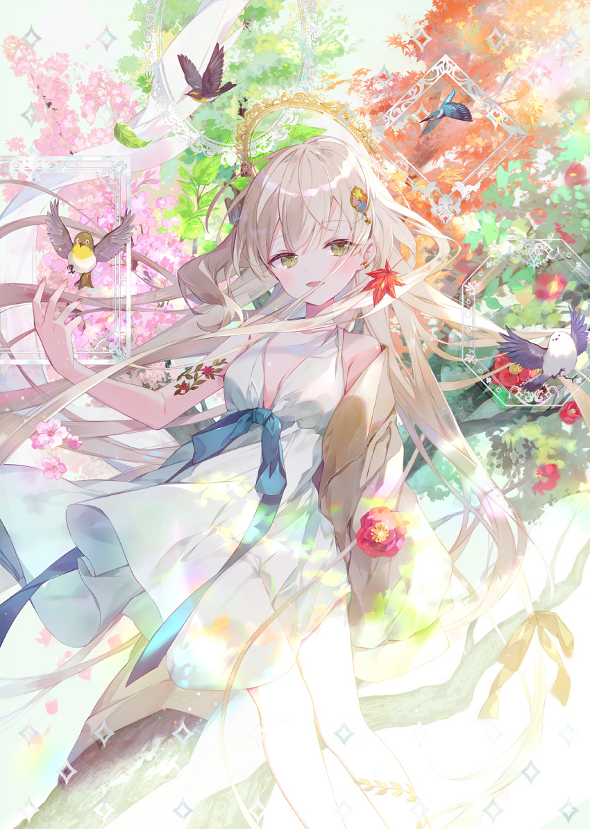 1girl :d animal arm_tattoo autumn_leaves bangs bare_shoulders bird blue_bow blush bow branch breasts brown_hair brown_jacket camellia cherry_blossoms commentary_request dress flower flower_tattoo green_eyes hair_between_eyes halo hand_up highres ibara_riato jacket long_hair looking_at_viewer off_shoulder original red_flower seasons sleeveless sleeveless_dress small_breasts smile solo tattoo tree very_long_hair white_dress