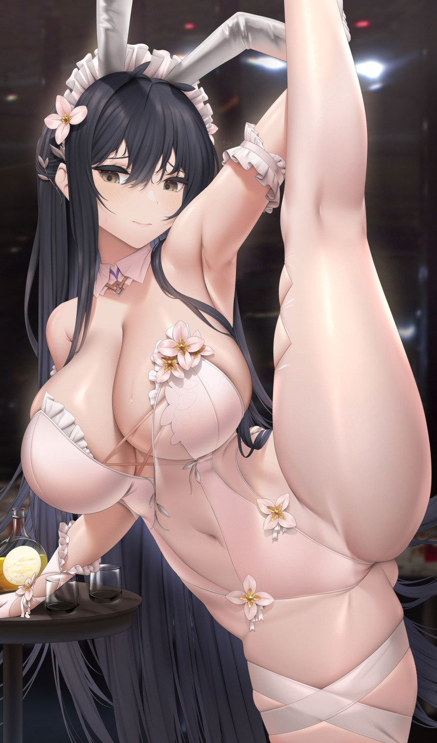1girl animal_ears arm_strap arm_up armpits azur_lane bangs bare_shoulders black_hair breasts cleavage closed_mouth commentary covered_navel cup detached_collar fake_animal_ears fouriasensei gloves grey_eyes highres indomitable_(azur_lane) large_breasts leg_up leotard long_hair maid_headdress playboy_bunny sideboob sidelocks skindentation solo split standing standing_on_one_leg standing_split thigh_strap thighs very_long_hair white_gloves white_headwear white_leotard