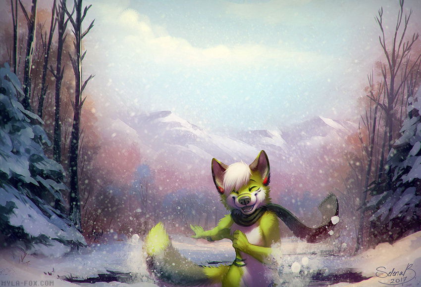 2017 anthro blue_sky canid cheek_tuft cloud dated eyes_closed facial_tuft front_view fur green_body green_fur green_scarf hair happy male mammal mountain mylafox open_mouth open_smile outside plant playful running scarf shoulder_tuft signature sky smile snow snowing solo tree tuft white_body white_fur white_hair