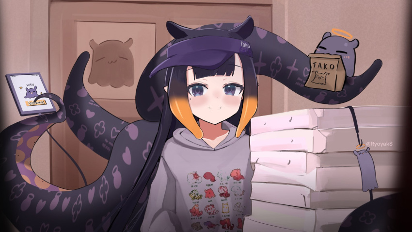 1girl black_eyes black_hair blush closed_mouth commentary english_commentary gradient_hair grey_eyes grey_hoodie highres hololive hololive_english hood hoodie long_hair looking_at_viewer meme mole mole_under_eye multicolored_hair ninomae_ina'nis orange_hair pizza_box pizza_delivery pizza_time_(meme) pointy_ears ryoya sidelocks smile solo spider-man_2 takodachi_(ninomae_ina'nis) tentacle_hair tentacles very_long_hair virtual_youtuber visor_cap