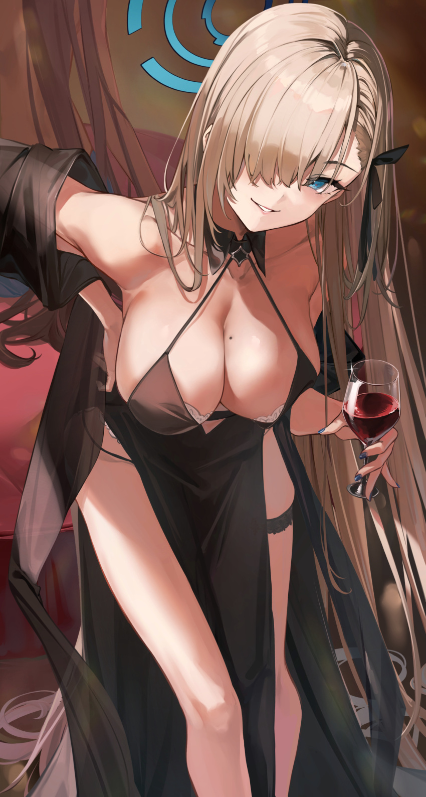 1girl 7gao absurdres alcohol alternate_costume asuna_(blue_archive) bare_shoulders bent_over black_dress blue_archive blue_eyes bra breasts cleavage cup dress drinking_glass hair_over_one_eye halo highres holding holding_cup jewelry karin_(blue_archive) lace-trimmed_bra lace_trim large_breasts leaning_forward light_brown_hair long_hair looking_at_viewer mole mole_on_breast mole_under_eye sitting smile solo underwear very_long_hair wine wine_glass