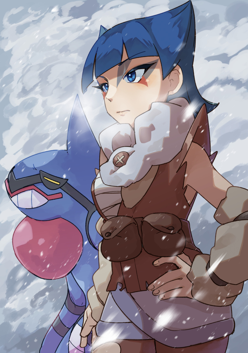 1girl arm_warmers bangs blue_eyes blue_hair blunt_bangs brown_vest closed_mouth coin_(pokemon) commentary_request day eyeshadow facial_mark grey_skirt hand_on_hip highres kono2noko makeup outdoors pokemon pokemon_(creature) pokemon_(game) pokemon_legends:_arceus short_hair skirt snowing toxicroak vest