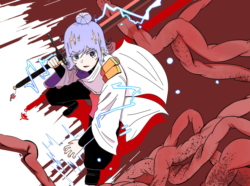 1girl absurdres blood blood_splatter charm_(object) colored_eyelashes electricity hair_bun heterochromia highres holding holding_sword holding_weapon intestines light_purple_hair multicolored_eyes original shoulder_plates solo sword weapon xyanide