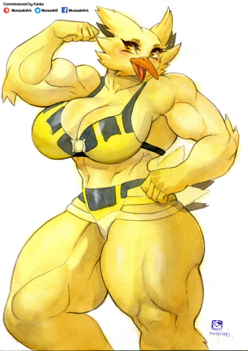 absurd_res anthro breasts cleavage clothed clothing female generation_1_pokemon hi_res legendary_pokemon murazaki muscular muscular_female nintendo pokemon pokemon_(species) simple_background solo thick_thighs video_games white_background yellow_body zapdos