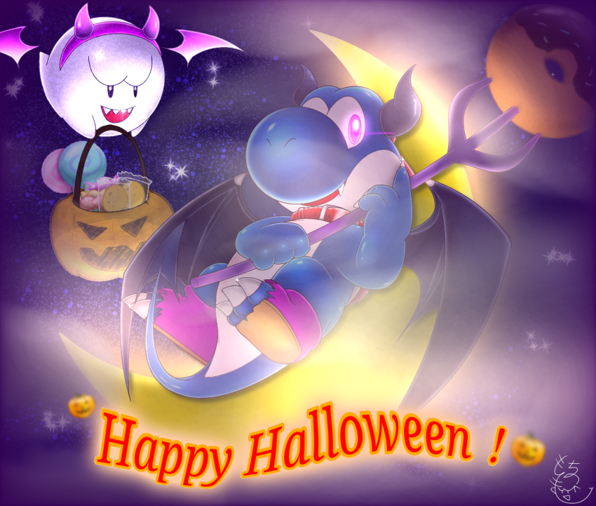 anonymous_artist boo candy claws collar demon dessert devil_horns_(gesture) doughnut duo food fruit gesture halloween halloween_2022 halloween_costume hi_res holidays horn mario_bros membrane_(anatomy) membranous_wings moon night nintendo plant pumpkin purple_eyes spade_tail toe_claws trick_or_treat video_games wings yoshi