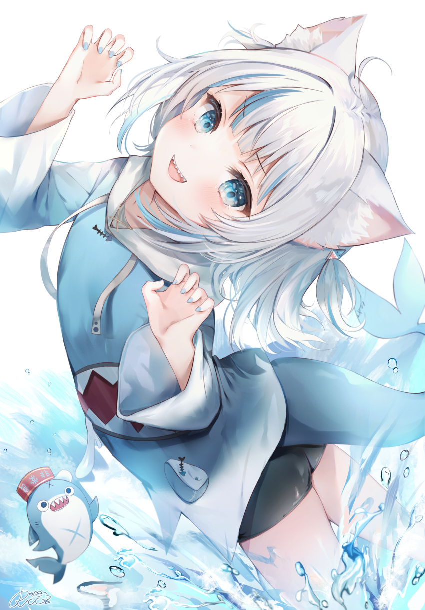 1girl :d absurdres animal_ear_fluff animal_ears animal_hood bike_shorts black_shorts bloop_(gawr_gura) blue_eyes blue_hair blue_hoodie blue_nails cat_ears claw_pose commentary_request drawstring fish_tail gawr_gura grey_hair hands_up highres hololive hololive_english hood hood_down hoodie long_hair looking_at_viewer multicolored_hair nail_polish rukako shark_girl shark_hood shark_tail sharp_teeth short_shorts shorts smile splashing streaked_hair tail teeth water white_background