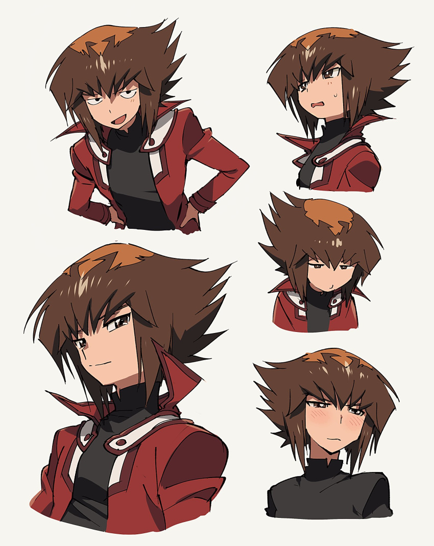 1boy aoki_(fumomo) bangs black_shirt bored brown_eyes collage commentary_request duel_academy_uniform_(yu-gi-oh!_gx) expressions flustered hair_between_eyes half-closed_eyes highres jacket long_sleeves male_focus multicolored_hair multiple_views pouty_lips red_jacket shirt short_hair sideways_glance simple_background smug sweatdrop two-tone_hair white_background yu-gi-oh! yu-gi-oh!_gx yuuki_juudai