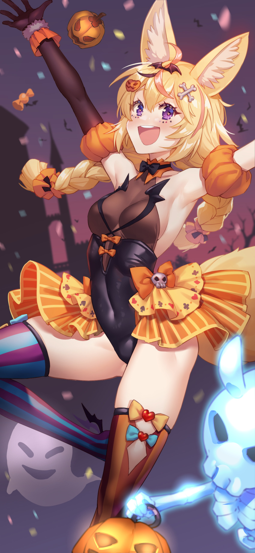1girl absurdres animal_ears armpits blonde_hair candy demmy elbow_gloves facial_mark food fox_ears fox_girl fox_tail frilled_skirt frills ghost gloves halloween halloween_costume heart heart-shaped_pupils highres hololive jack-o'-lantern long_hair looking_at_viewer multicolored_hair omaru_polka open_mouth pumpkin purple_eyes skeleton skin_tight skindentation skirt smile solo streaked_hair symbol-shaped_pupils tail thighhighs virtual_youtuber wrist_cuffs