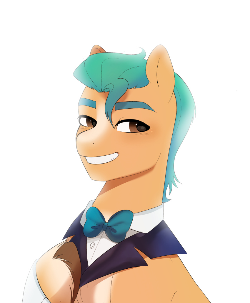 absurd_res aztrial black_tie_(suit) blaze_(marking) bloom bow_tie brown_eyes clothing earth_pony equid equine facial_markings hasbro head_markings hi_res hitch_trailblazer_(mlp) hooves horse mammal markings mlp_g5 my_little_pony pony portrait simple_background smile suit turquoise_hair white_background