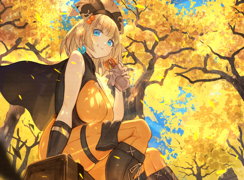 1girl autumn autumn_leaves bare_shoulders blonde_hair blue_eyes bodysuit boots breasts cape earrings eating food from_below ginkgo gloves hair_bobbles hair_ornament highres jewelry large_breasts looking_to_the_side medium_hair moco_(moco_28) orange_bodysuit original outdoors sandwich shade single_glove sitting sky smile solo thigh_strap