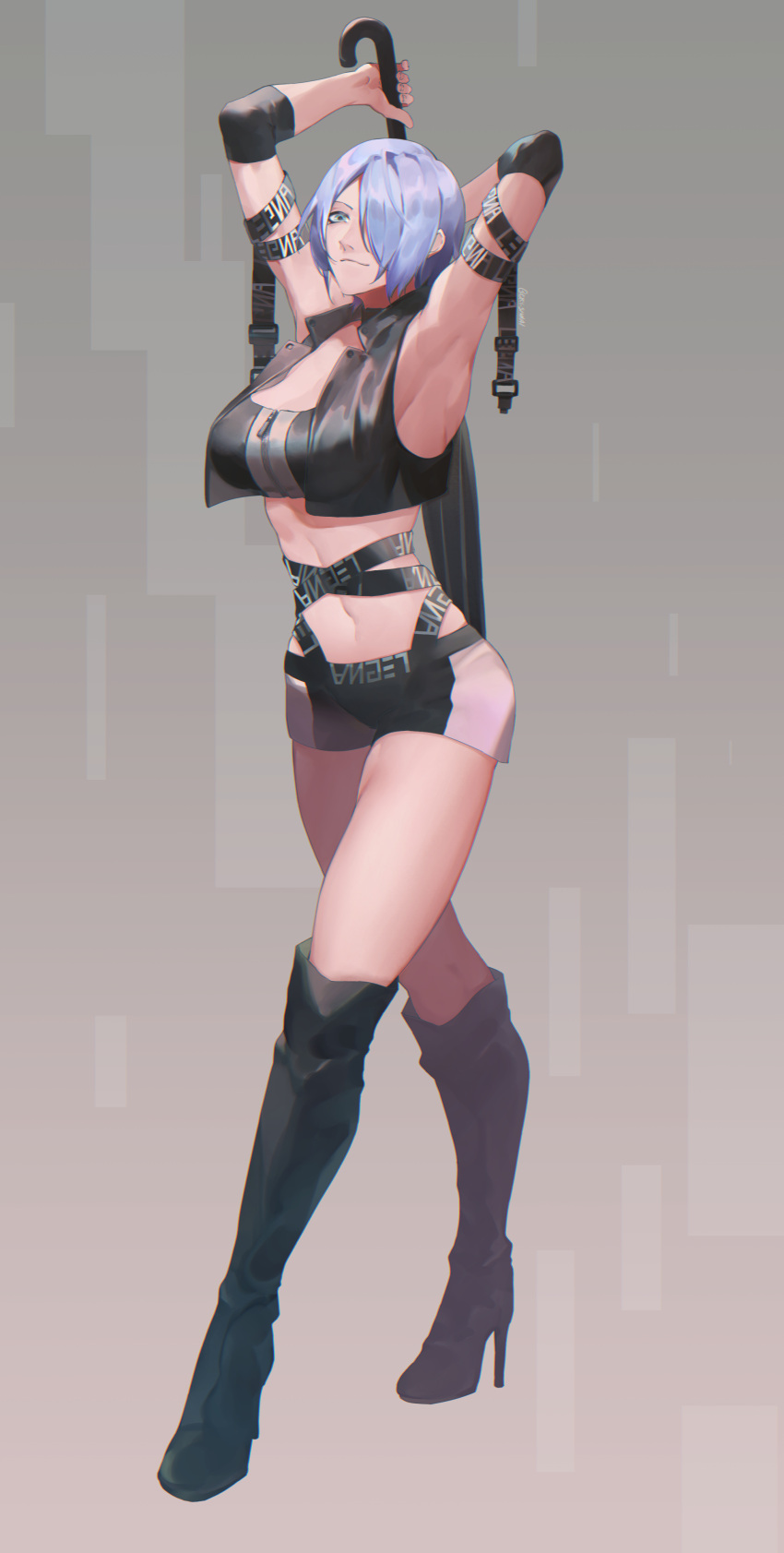 1girl absurdres alternate_costume angel_(kof) arm_up armpits arms_behind_head arms_up bangs bare_shoulders breasts cleavage crop_top cry_sinkai hair_over_one_eye highres large_breasts midriff miniskirt navel outstretched_arms skirt smile solo stomach tank_top the_king_of_fighters the_king_of_fighters_xiv toned