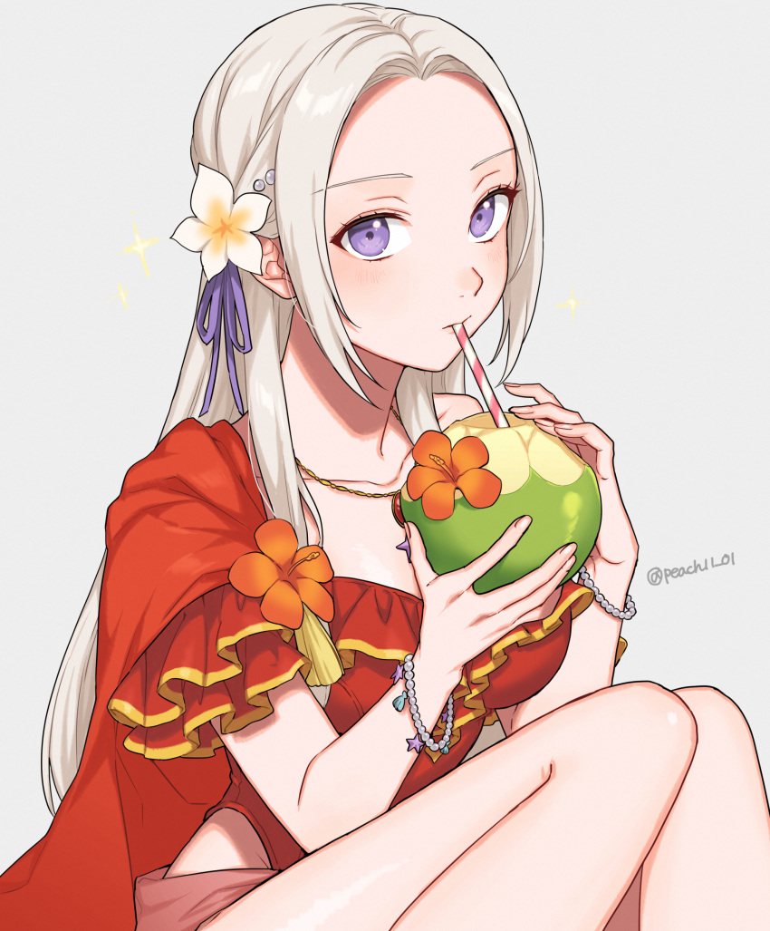 1girl cape coconut commentary_request edelgard_von_hresvelg fire_emblem fire_emblem:_three_houses fire_emblem_heroes flower forehead frills grey_background hair_flower hair_ornament hair_ribbon highres long_hair looking_at_viewer official_alternate_costume one-piece_swimsuit peach11_01 purple_eyes purple_ribbon red_cape red_one-piece_swimsuit ribbon simple_background sitting sleeveless swimsuit thighs twitter_username white_flower white_hair