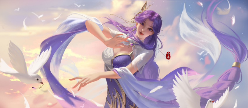 1girl absurdres bird braid butterfly_hair_ornament cleavage_cutout closed_mouth clothing_cutout cloud hair_ornament head_tilt highres light_particles lin_zai_huo long_hair looking_at_viewer purple_hair second-party_source smile solo two-tone_dress upper_body wanmei_shijie yun_xi_(wanmei_shijie)