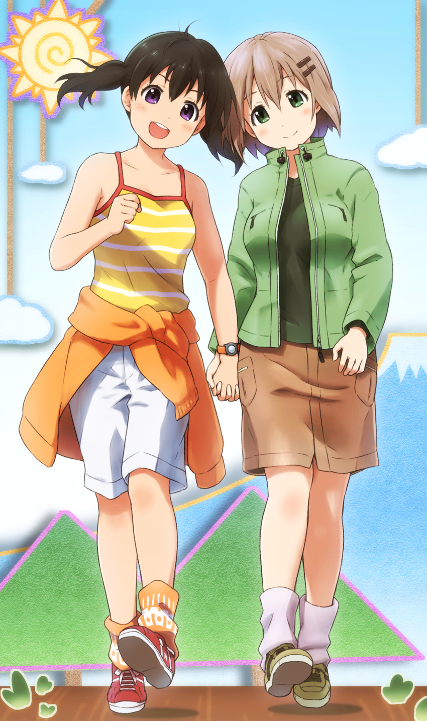 2girls :d bare_arms bare_shoulders black_hair black_shirt blush breasts brown_footwear brown_hair brown_skirt camisole closed_mouth clothes_around_waist commentary_request green_eyes green_jacket hair_ornament hairclip head_tilt highres holding_hands jacket jacket_around_waist kuraue_hinata loose_socks multiple_girls open_clothes open_jacket orange_jacket orange_socks purple_eyes red_footwear shirosato shirt shoes shorts skirt small_breasts smile socks striped striped_camisole sun_symbol teeth twintails upper_teeth walking watch white_shorts white_socks wristwatch yama_no_susume yellow_camisole yukimura_aoi