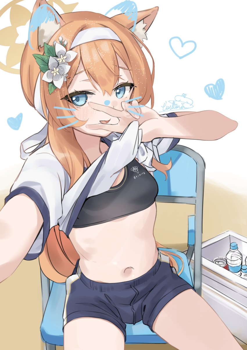 1girl animal_ears artist_name bangs black_sports_bra blue_archive blue_eyes bottle breasts chair clothes_lift commentary cooler flower folding_chair fox_ears fox_girl gym_shorts gym_uniform hair_between_eyes hair_flower hair_ornament hairband halo highres lifted_by_self long_hair looking_at_viewer mari_(blue_archive) mari_(gym_uniform)_(blue_archive) navel official_alternate_costume open_mouth orange_hair outdoors selfie shirt_lift shorts sidelocks signature sitting small_breasts smile sports_bra sportswear stomach v very_long_hair water_bottle wittmann_(ehvr8373)