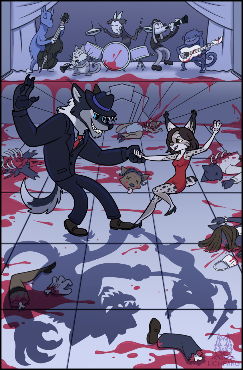 2020 ambiguous_gender anthro black_body black_hair black_nose black_spots blood blue_eyes bodily_fluids bottomwear bovid camelid canid canine canis caprine claws clothed clothing cloven_hooves dancing decapitation detailed_background domestic_cat domestic_dog ear_tuft eye_contact eyebrows eyes_closed fedora felid feline felis female fingers floppy_ears footwear goat gore green_eyes grey_body group guitar hair haplorhine hat headgear headwear hi_res hooved_fingers hooves horn inside lichfang llama looking_at_another lynx male male/female mammal me_and_mr._wolf monkey multicolored_body musical_instrument necktie nude open_mouth pants pawpads playing_music plucked_string_instrument primate rib_cage severed_hand severed_head severed_leg shadow short_tail smile spots spotted_body string_instrument suit teeth tuft two_tone_body whiskers wolf zaire_(nightdancer)