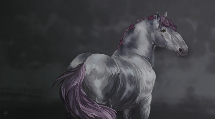 accessory ambiguous_gender bow_ribbon equid equine feral hair hair_accessory hair_bow hair_ribbon horse looking_at_viewer looking_back mammal mane peach_(wasen) pink_hair pink_mane pink_tail ribbons simple_background solo white_body yfir