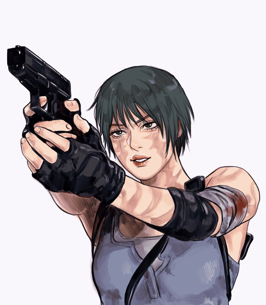 1girl black_hair blood breasts burn_scar closed_mouth cosplay gloves gun highres imeko_san jill_valentine jill_valentine_(cosplay) jujutsu_kaisen looking_at_viewer resident_evil resident_evil_3 resident_evil_3_(remake) scar shirt short_hair simple_background smile weapon zen'in_maki